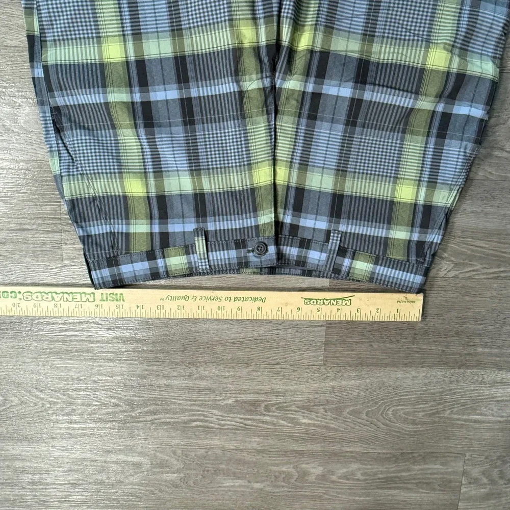PGA Tour Mens Golf Shorts 32 Blue Lime Green Plaid Accessory Pocket Stretch